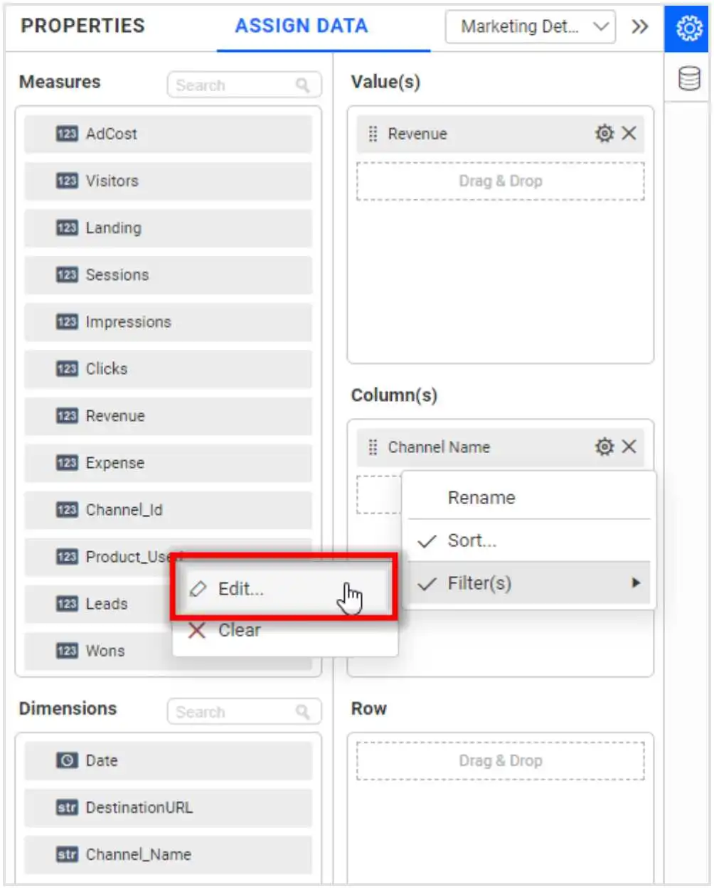 Selecting a Filter in Dimension Field