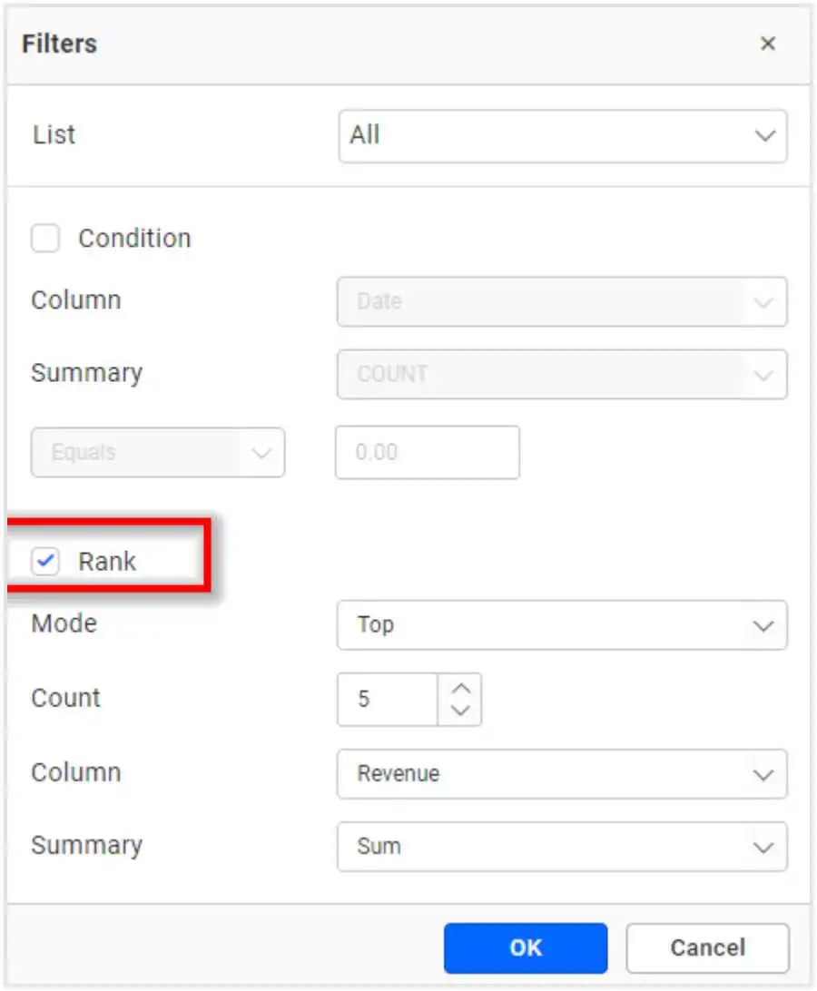 Widget Filter Configuration with Top 5 Rank-Based Filtering