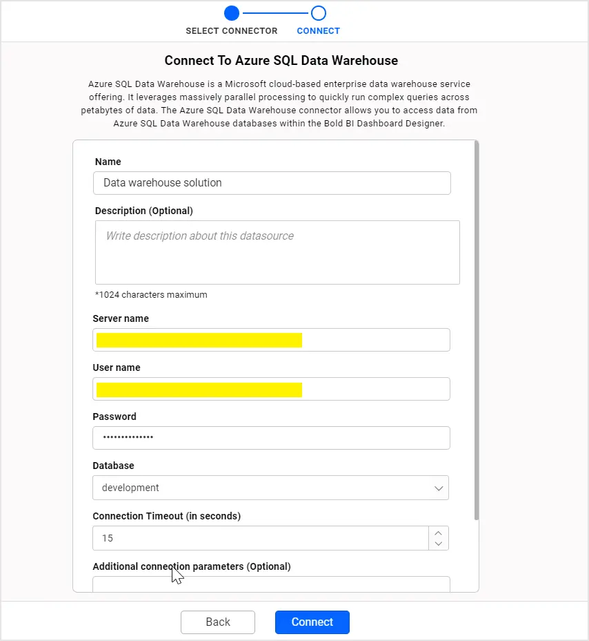 Configuring Azure SQL Data Warehouse connection