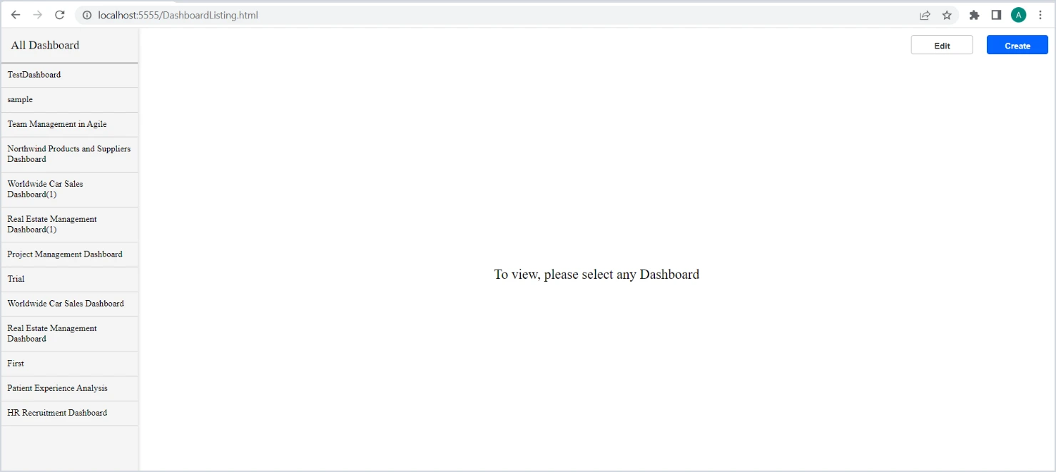 Dashboard listing page