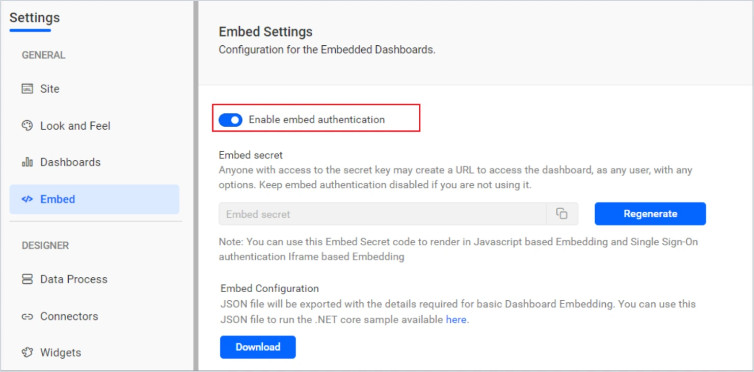 Enable embed authentication