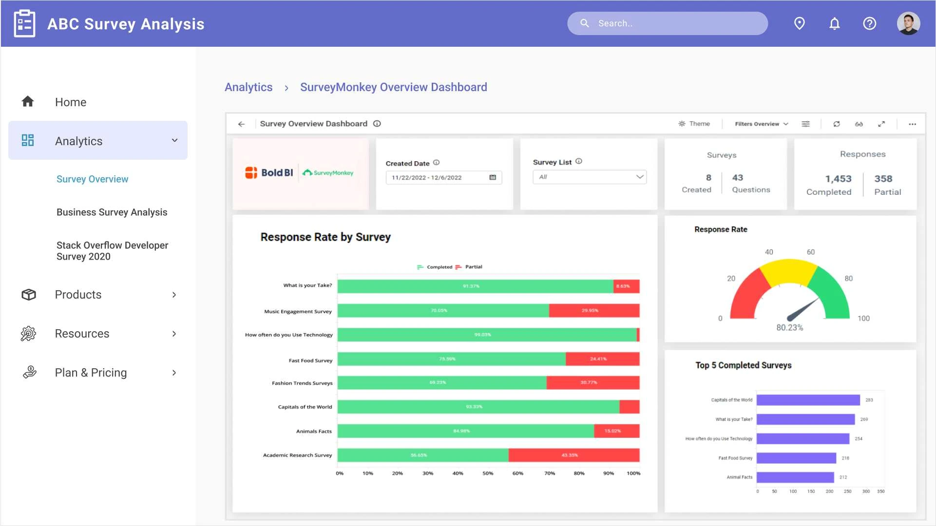 Survey Overview Dashboard Embedded in an ASP.NET MVC Application