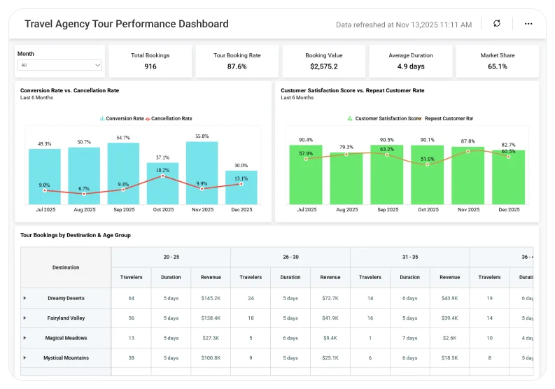 Travel Agency Tour Performance dashboard showing booking trends and tour revenue charts.